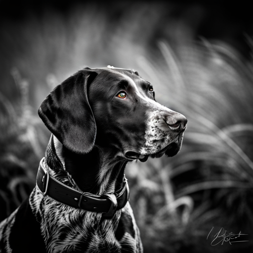German shorthair pointer, hunting dogs, animal portrait, monochrome, high contrast, dark background, intense gaze, rugged texture, black and white photography, natural lighting, hunting instinct, powerful stance, majestic posture, pedigree breeds, outdoor photography, dog training photographic, nature, animal behavior, point, prey drive, breeds, hunting, wild game, bird hunting, scent, tracking, camouflaged, agility, trained, field trial, energetic, athletic, muscular, intelligent photographic, sporting dogs, gundogs, pointers, game birds, bird dogs, canine, hunting equipment, camouflage, action shots, hunting techniques, wildlife, hunting season, hunting gear, hunting scenery, agility, stamina, speed photographic, a majestic German Shorthair Pointer posing in a natural reserve, with a golden hour light setting, enhancing its deep brown coat, composition following the rule of thirds, defocused background with green and yellow tones, visible texture of fur, high level of detail capturing the essence of the breed