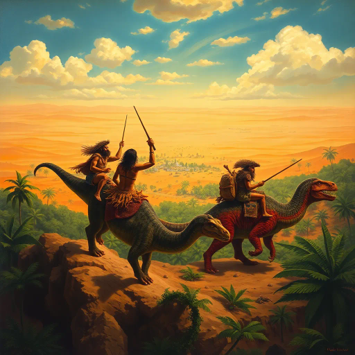 prehistoric men, riding dinosaurs, animal skins, oasis, distant desert view, epic scale, vibrant colors, dramatic lighting, Henri Rousseau, adventure, lush greenery, vast desert, ancient world, surrealism, dynamic movement, imaginative creatures, tribal culture, captivating landscape, vivid textures, atmospheric perspective, mythical journey, timeless scene, exploratory spirit