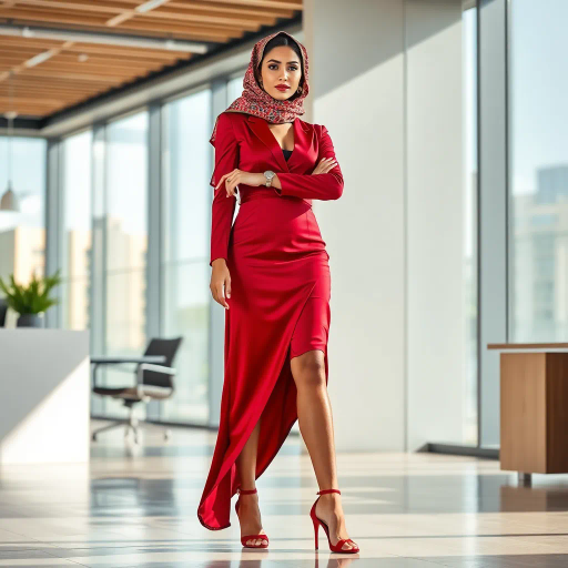 elegant arab lady, professional setting, high-fashion heels, modern office, cultural elegance, vivid colors, dynamic composition, natural light, Henri Matisse influences, contemporary style, luxurious fabric textures, warm tones, poised and confident expression, sleek silhouette, refined and sophisticated, detailed attire, graceful posture, Middle Eastern aesthetic, juxtaposition of tradition and modernity, evocative mood, subtle symbolism, realistic proportions, intricate detailing, work environment, empowerment theme