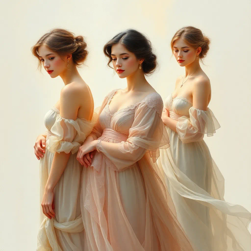 elegant femmes, graceful posture, intricate fashion, ethereal beauty, soft lighting, romantic era, impressionistic brushstrokes, pastel hues, delicate textures, feminine elegance, serene expressions, renaissance influences, flowing fabrics, atmospheric composition, refined aesthetics, timeless allure, enchanting aura, subtle movement, classical themes, captivating allure, harmonious balance, artistic grace, romantic ambiance, delicate sophistication, gentle atmosphere, whispering hues, tranquility, Baroque influences, evocative lighting, nuanced details