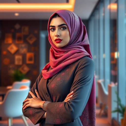 elegant Arab woman, professional attire, hijab, modern workplace, high heels, contrasting cultural fusion, vibrant Middle Eastern influences, contemporary art style, dynamic composition, intricate patterns, vibrant color palette, soft ambient lighting, dynamic posing, cultural expression, delicate textiles, confident and empowering presence, grace, poise, diverse representation, fusion of modern and traditional elements, Impressionism influences, human form depiction, advanced digital techniques, refined textures, bold symbolism, artistic influences, balance, harmony, surreal lighting, empowered femininity, Gustav Klimt inspiration, Art Nouveau elegance, intricate detailing, cultural narrative, sophisticated sophistication, modernism, representation and empowerment