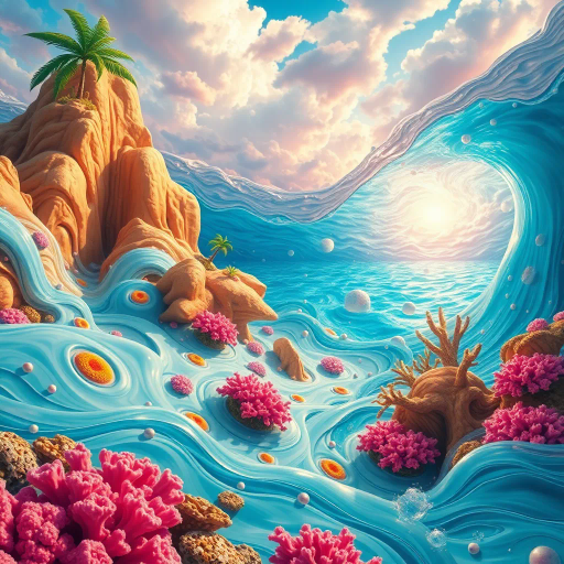 surreal oceanic landscape, tropical vibes, bright pastels, vibrant colors, Salvador Dali influences, whimsical composition, flowing water textures, ethereal lighting, playful and lighthearted mood, summery atmosphere, imaginative scenery, exotic locales, dreamy aesthetics, ornate patterns, intricate details, playful elements, fluid forms, organic shapes, cultural inspirations, vivid coral reefs, sunny illusions, seascape fantasy, beachside tableau