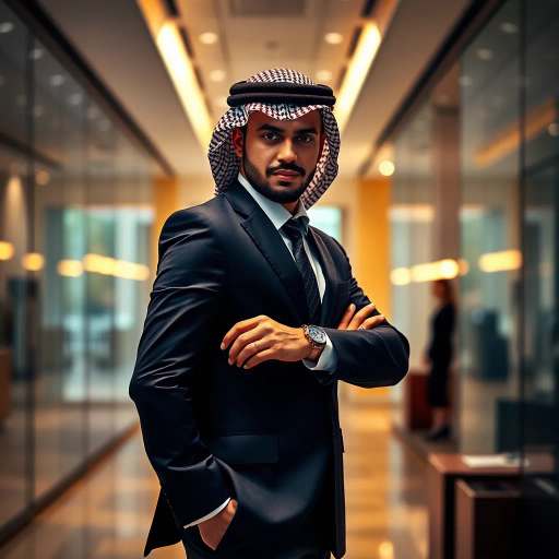 Arab, professional, business attire, elegance, sophistication, vibrant lighting, modern office, dynamic composition, rich details, Middle Eastern cultural elements, reflective surfaces, chiaroscuro, confident pose, realistic skin tones, emotional depth, warm color palette, depth of field, intricate patterns, luxurious textures, professional environment, empowerment, graceful silhouette, contemporary setting, harmonious balance, movement captured, modern-day scenario, poised and composed, intellectual atmosphere