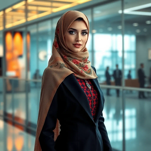Arab lady, hijab, professional setting, elegance, modern workplace, high heels, grace, long legs, contemporary fashion, vibrant colors, Henri Matisse, impressionistic lighting, cultural fusion, confident composition, smooth textures, chic office attire, dynamic pose, minimalistic design, elegance, bustling office, refined aesthetics, empowerment, subtle sophistication, urban environment, creative space, harmony in diversity, timeless beauty, lateral perspective, graceful movement, cross-cultural artistry, sleek lines