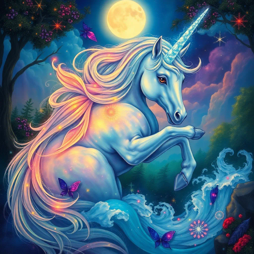 mythical creature, unicorn, vibrant colors, ethereal glow, fantasy landscapes, enchanting, mystical presence, luminescent horn, serene expression, fairy tale, magical realism, enchanted forest, moonlit night, swirling mist, glittering mane, cascading water, whimsy, wonder, Gustav Klimt, Alphonse Mucha, Art Nouveau, surreal beauty, dreamlike atmosphere, kaleidoscopic hues, crystalline textures, celestial ambiance, magical aura, otherworldly, ethereal light, enchanted symbolism, imaginative allure