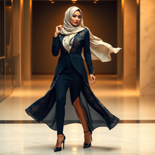 Arab lady, hijab, professional setting, elegance, modern workplace, high heels, grace, long legs, contemporary fashion, vibrant colors, Henri Matisse, impressionistic lighting, cultural fusion, confident composition, smooth textures, chic office attire, dynamic pose, minimalistic design, elegance, bustling office, refined aesthetics, empowerment, subtle sophistication, urban environment, creative space, harmony in diversity, timeless beauty, lateral perspective, graceful movement, cross-cultural artistry, sleek lines