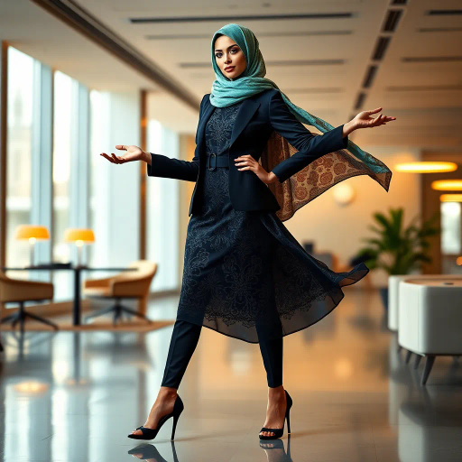 elegant Arab woman, professional attire, hijab, modern workplace, high heels, contrasting cultural fusion, vibrant Middle Eastern influences, contemporary art style, dynamic composition, intricate patterns, vibrant color palette, soft ambient lighting, dynamic posing, cultural expression, delicate textiles, confident and empowering presence, grace, poise, diverse representation, fusion of modern and traditional elements, Impressionism influences, human form depiction, advanced digital techniques, refined textures, bold symbolism, artistic influences, balance, harmony, surreal lighting, empowered femininity, Gustav Klimt inspiration, Art Nouveau elegance, intricate detailing, cultural narrative, sophisticated sophistication, modernism, representation and empowerment