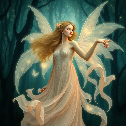 ethereal maiden, delicate features, reminiscent of Alphonse Mucha, Art Nouveau, flowing gowns, surreal ambiance, dreamlike setting, mystical forest backdrop, soft pastels, luminescent glow, intricate details, magical aura, gentle movement, Renaissance influences, serene expression, whimsical elements, rich textures, poetic essence, imaginary realm, lyrical beauty