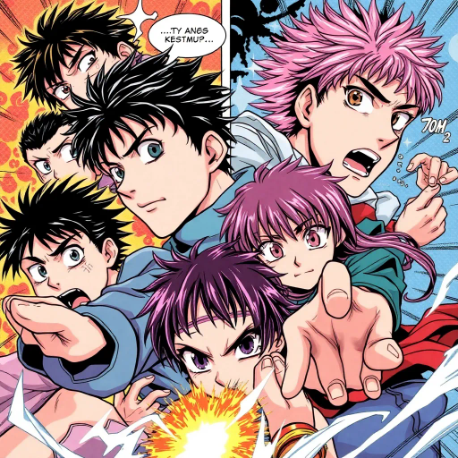 dynamic characters, intricate storylines, vibrant colors, expressive eyes, Japanese influence, manga artists like Rumiko Takahashi, bold lines, dramatic angles, emotional depth, intricate backgrounds, storytelling, cultural motifs, fantasy elements, youthful energy, cel shading, high contrast, action-packed scenes, panel composition, movement and motion, contemporary setting, exploration of themes, character development, symbolic imagery, dialogue-driven, rich textures