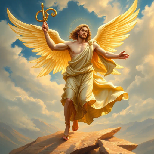 Hermes, Greek god, divine messenger, wings on sandals, caduceus, swift movement, dynamic pose, classical antiquity, mythological figure, spiritual journey, ethereal glow, lively expression, flowing robes, bronze sheen, golden highlights, celestial ambiance, divine radiance, Olympian grandeur, Renaissance elegance, masterful brushwork, majestic presence, fluid motion, wind-swept landscape, mythical essence, Homeric influence, Roman frescoes, Hermes Trismegistus, open sky, elevated perspective, spiritual transcendence, ancient mythology, artistic symbolism, celestial themes, elegant visual representation