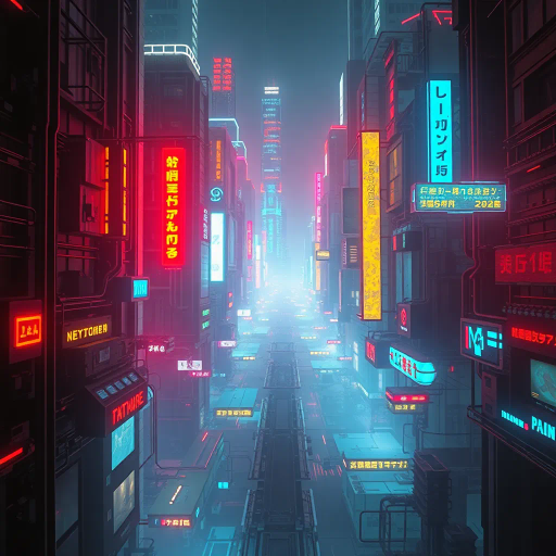 cybernetic dystopia, neon lit cityscape, futuristic technology, hacking interface, glowing circuitry, digital noise, retro wave aesthetics, high contrast lighting, dynamic movement, William Gibson influence, cybernetic implants, urban labyrinth, cyberpunk noir, vibrant neon colors, digital rebellion, techno-surrealism, midnight ambiance, pixelated graphics, virtual reality, hacker persona, electronic music vibe