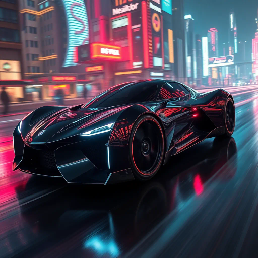 sleek futuristic automobile, inspired by Syd Mead, cybernetic aesthetic, dynamic movement, vibrant neon lights, high contrast shadows, aerodynamic curves, metallic and glossy textures, immersive depth, innovative design, urban landscape backdrop, night setting, bold color palette, capturing speed and energy, seamless integration, avant-garde, technological elegance, dramatic angles, expansive composition, futuristic vision, sci-fi environment, luminescent reflections, urban dystopia, conceptual innovation, motion blur, cutting-edge technology, reflective surfaces, neon illumination, urban sprawl, avant-garde technology, hyper-realistic detail, visionary design