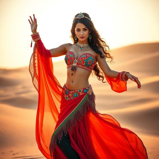 elegant belly dancer, Arabian nights, vibrant color palette, curvaceous form, sensual movement, Henri Matisse inspiration, intricate costume design, expressive pose, fluid lines, luminous skin tones, captivating gaze, soft fabric textures, warm lighting, desert backdrop, Art Nouveau influences, dynamic composition, Middle Eastern motifs, ethereal ambiance, graceful elegance