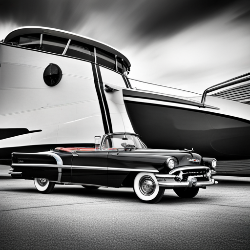 Vintage automobiles, mid-century modern design, chrome accents, monochromatic tones, sleek lines, tailfins, American muscle, leather interiors, drive-in theaters, Route 66, glamorous Hollywood stars, black and white photographs, road trips, gas guzzlers, nostalgia, 50's era, fins, Detroit, classic lines, iconic, timeless design, retro, horsepower, tail lights, shiny, car shows, collectors, restored, garage, speed, history, craftsmanship