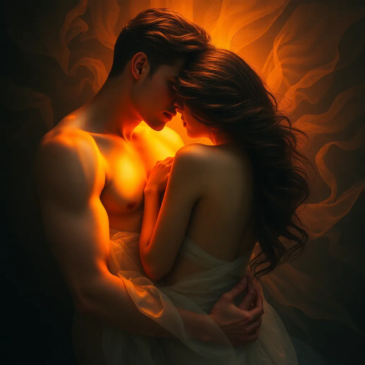 sensual elegance, ethereal glow, Caravaggio inspired, baroque warmth, chiaroscuro lighting, surreal dreamscape, passionate romance, flowing curves, Michelangelo's touch, organic textures, captivating allure, emotional depth, Renaissance influence, vivid sensuality, intimate harmony, poetic expression, seductive mystique, delicate balance, timeless beauty, enigmatic grace