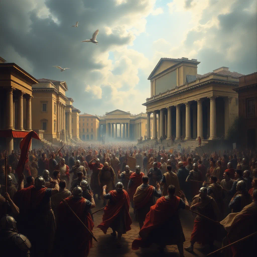 Visigoths, ancient Rome, chaotic cityscape, dramatic lighting, chiaroscuro, tumultuous emotions, historical drama, vivid storytelling, Alaric I, dark, somber tones, rubble and ruins, intricate detail, historical textiles, Renaissance influence, dynamic composition, expressive brushwork, historical artifacts, cultural collision, atmospheric tension, turbulent skies, Baroque intensity, rich textures, epic scale, classical architecture, aura of desolation, historical narrative, monumental scale, layers of history, pathos and loss
