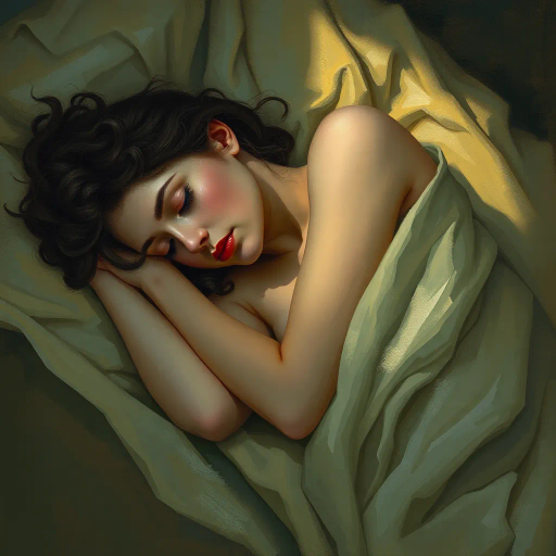 woman in repose, serene slumber, chiaroscuro lighting, impressionist brushstrokes, Gustav Klimt influences, muted pastels, Art Nouveau inspiration, elegant drapery, tranquil ambiance, soft contours, dreamlike atmosphere, reflective surfaces, tranquil composition, gentle curves, tender serenity, psychological depth, intimate setting, subtle symbolism, emotional resonance, delicate textures