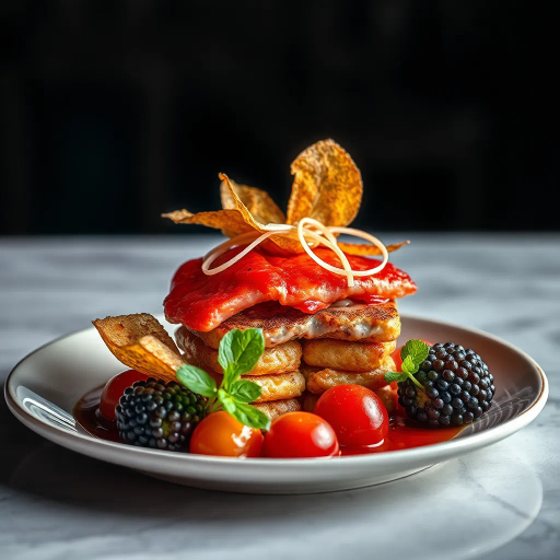 hyper-realistic, culinary artistry, still life, vibrant colors, succulent textures, food photography, gourmet presentation, chiaroscuro lighting, rich detail, natural composition, culinary textures, food stylization, glossy surfaces, nuanced hues, modern aesthetic, exquisite plating, artisanal craftsmanship, gourmet indulgence, food as art, visual feast, sumptuous presentation, high contrast, appetizing visual, culinary elegance, sumptuous design, hyper-detail, contemporary photographic style, gourmet mastery, luxurious ambiance, vivid saturation, elegant framing, sumptuous mise-en-scène, lavish visual storytelling, tasteful composition