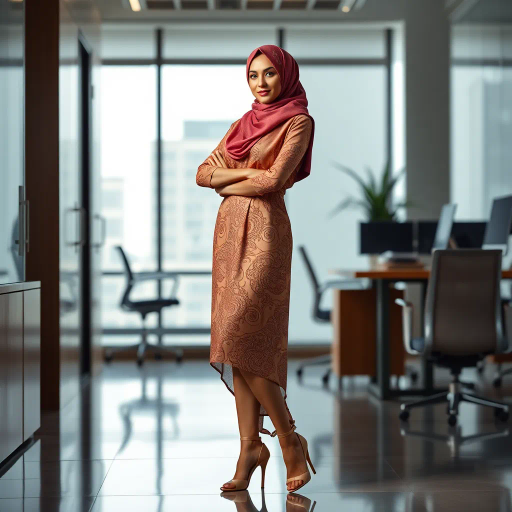 Arab woman, elegant hijab, professional setting, modern workplace, high heels, Middle Eastern culture, contemporary art, intricate patterns, vibrant colors, soft lighting, dynamic pose, cultural expression, delicate fabrics, office environment, confident demeanor, sophisticated fashion, grace and poise, diverse representation, cultural fusion, empowerment, modernism, Impressionism influences, human form, balance and harmony, Jean-Michel Basquiat inspiration, vibrant brushstrokes, Henri Matisse color palette, delicate textures, fluid movement, artistic elegance, cultural symbolism, refined composition, elegance and sophistication, bold patterns