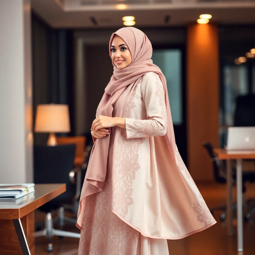 elegant Arab lady, wearing a hijab, at work, professional setting, high heels, modern office environment, intricate patterns, Middle Eastern cultural influence, dynamic composition, soft color palette, warm lighting, attention to detail, expressive posture, contemporary fashion, balance of tradition and modernity, subtle elegance, reflective mood, sophisticated atmosphere, artistic representation, symbolic strength, nuanced textures, harmonious blend of elements