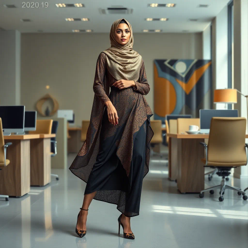 Arab woman, elegant hijab, professional setting, modern workplace, high heels, Middle Eastern culture, contemporary art, intricate patterns, vibrant colors, soft lighting, dynamic pose, cultural expression, delicate fabrics, office environment, confident demeanor, sophisticated fashion, grace and poise, diverse representation, cultural fusion, empowerment, modernism, Impressionism influences, human form, balance and harmony, Jean-Michel Basquiat inspiration, vibrant brushstrokes, Henri Matisse color palette, delicate textures, fluid movement, artistic elegance, cultural symbolism, refined composition, elegance and sophistication, bold patterns