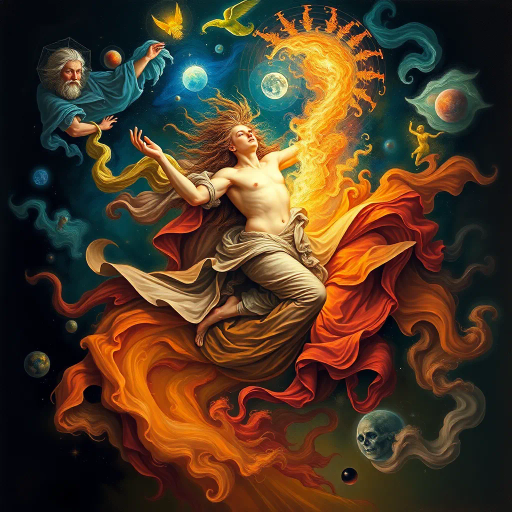 Leonardo da Vinci, vibrant color palette, dynamic composition, chiaroscuro lighting, Neo-Renaissance, Italian influence, swirling motion, intricate detail, ethereal atmosphere, historical context, surreal elements, mythological subjects, flowing textures, expressive brushstrokes, futuristic perspective, emotional depth, vivid contrast, imaginative narratives, celestial themes, enigmatic symbolism, innovative techniques, masterful craftsmanship