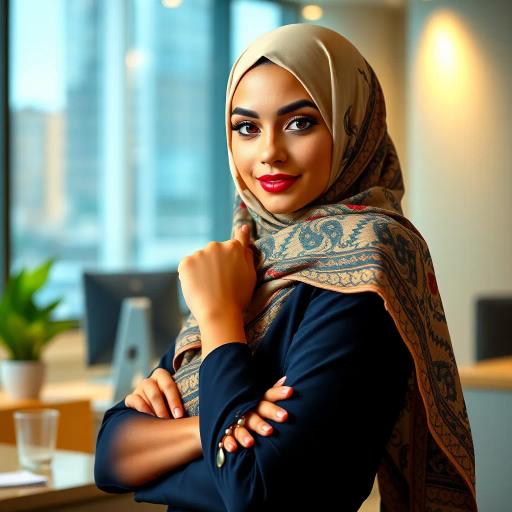 elegant Arab woman, sophisticated hijab, professional modern workplace, vibrant Middle Eastern culture, contemporary art intricacies, dynamic pose, intricate patterns, soft ambient lighting, cultural expression, delicate fabrics, office environment, confident and poised demeanor, diverse representation, cultural fusion, empowerment and grace, modernism in Impressionism style, balance and harmony, vibrant colors, human form depiction, cultural and artistic expression, impressionistic influences, dynamic movement, worldly elegance, refined textures