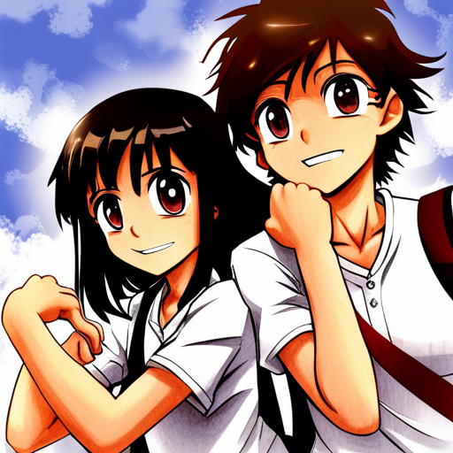 manga, Japanese art, school friends, friendship, youth, dynamic composition, expressive characters, flowing hair, school uniforms, shy girl, boyish boys, emotional connection, joyful, energetic, lively, manga artist, detailed backgrounds, iconic poses, action-packed, adventurous, fun anime