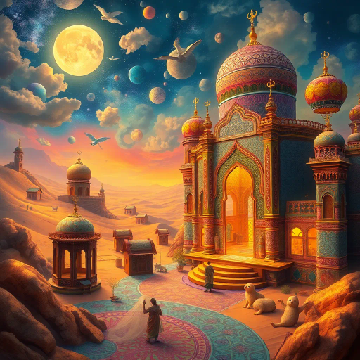 Arabian nights, mystical landscape, vibrant colors, intricate patterns, cultural tapestry, surreal desert, moonlit dunes, legendary tales, rich symbolism, Persian influence, elaborate textiles, ornamental architecture, poetic imagery, saffron and indigo hues, calligraphic lines, enchanting atmosphere, historical echoes, luminous glow, intricate mosaics, flowing robes, ethereal essence, mythic storytelling, exotic allure, timeless journey