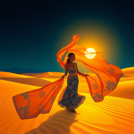 Arabian nights, serene desert landscape, flowing fabrics, intricate patterns, vibrant colors, Henri Matisse, exotic allure, golden hues, cultural richness, evening glow, soft sand textures, romanticism, graceful movement, delicate jewelry, mysterious atmosphere, warm tones, creative expression, dreamlike narrative, enchanting beauty, rich tapestry