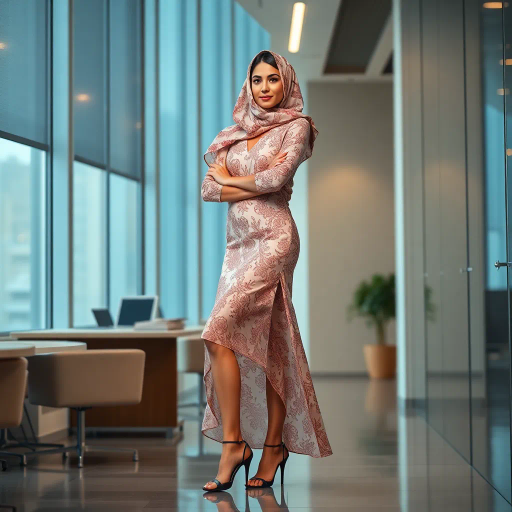 Arab woman, elegant hijab, professional setting, modern workplace, high heels, Middle Eastern culture, contemporary art, intricate patterns, vibrant colors, soft lighting, dynamic pose, cultural expression, delicate fabrics, office environment, confident demeanor, sophisticated fashion, grace and poise, diverse representation, cultural fusion, empowerment, modernism, Impressionism influences, human form, balance and harmony, Jean-Michel Basquiat inspiration, vibrant brushstrokes, Henri Matisse color palette, delicate textures, fluid movement, artistic elegance, cultural symbolism, refined composition, elegance and sophistication, bold patterns