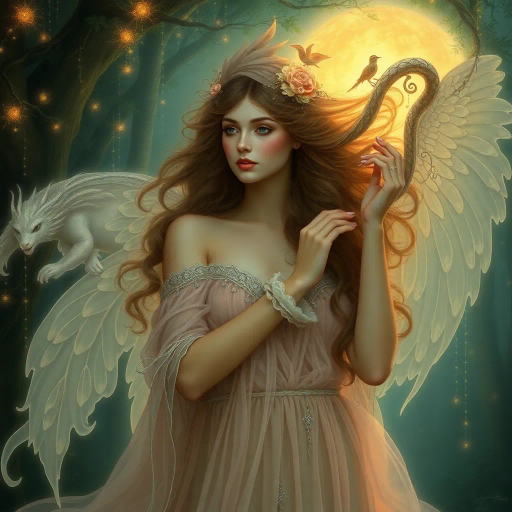 ethereal maiden, delicate features, Alphonse Mucha, Art Nouveau, flowing gowns, surreal ambiance, dreamlike setting, mystical forest, soft pastels, luminescent glow, intricate details, magical aura, Brian Froud influences, whimsical elements, glowing aura, Renaissance influences, serene expression, poetic essence, imaginary realm, lyrical beauty, vivid imagination, enchanted forest, mythical creatures, dynamic composition, mysterious allure, enchanted realism, artistic elegance, magical realism