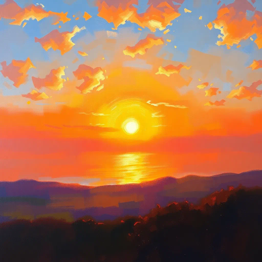 vibrant sunset, Claude Monet, impressionism, golden hour, radiant light, horizon glow, atmospheric depth, warm hues, sunburst effect, serene landscape, reflective water, tranquil mood, soft brushstrokes, expansive sky, luminous clouds, gradient blending, emotional resonance, horizon line, framing perspective, peaceful evening