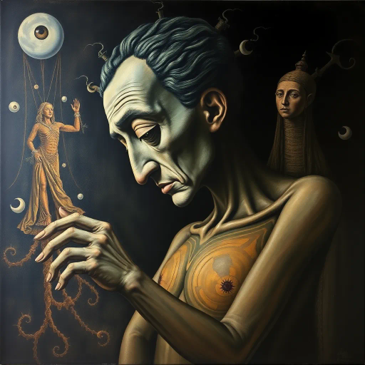 surrealism, Salvador Dalí, intricate patterns, baroque, chiaroscuro lighting, tension, emotional intensity, dark hues, evocative textures, canvas, dramatic contrast, human form, psychological depth, perspective distortion, cultural symbolism, nuanced detail, avant-garde approach, emotive storytelling, dynamic movement, intricate linework, complex composition, allegory, artistic intent, mysterious ambiance, expressive strokes, layered meanings, timeless influence, surreal narrative