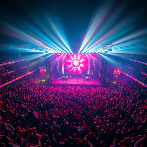 music concert, grand stage, vibrant crowd, energetic atmosphere, neon lights, pulsating rhythms, dynamic composition, aerial view, immersive soundscapes, contemporary style, dramatic lighting, expressive performers, vast stadium, cultural celebration, colorful banners, lively spectators, euphoric mood, rhythmic movements, modern celebration, artistic intensity, iconic musicians, vibrant costumes, audio-visual experience, large-scale event, emotional connection