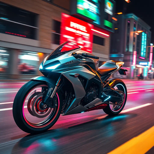 futuristic motorcycle, sleek design, aerodynamic, high-speed movement, neon lights, cyberpunk aesthetic, dynamic motion, vivid colors, reflections, tech-inspired, urban landscape, advanced engineering, cutting-edge innovation, cinematic perspective, high contrast lighting, energetic atmosphere, modern technology, digital precision, concept art, visionary design, acceleration