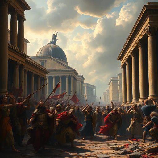 Visigoths, ancient Rome, chaotic cityscape, dramatic lighting, chiaroscuro, tumultuous emotions, historical drama, vivid storytelling, Alaric I, dark, somber tones, rubble and ruins, intricate detail, historical textiles, Renaissance influence, dynamic composition, expressive brushwork, historical artifacts, cultural collision, atmospheric tension, turbulent skies, Baroque intensity, rich textures, epic scale, classical architecture, aura of desolation, historical narrative, monumental scale, layers of history, pathos and loss