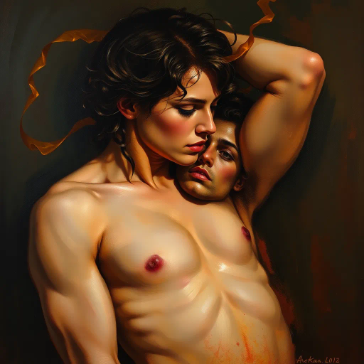 meticulous composition, ethereal lighting, vibrant color palette, Baroque influence, sensual expression, dynamic pose, intimate mood, soft textures, chiaroscuro technique, emotional intensity, artistic movement, contemporary twist, human figure, dramatic contrast, fluid line work, Renaissance flair, detailed anatomy, Caravaggio-inspired, bold framing, complex symbolism, expressive brushwork