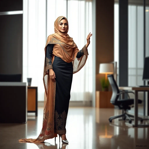 Arab woman, elegant hijab, professional setting, modern workplace, high heels, Middle Eastern culture, contemporary art, intricate patterns, vibrant colors, soft lighting, dynamic pose, cultural expression, delicate fabrics, office environment, confident demeanor, sophisticated fashion, grace and poise, diverse representation, cultural fusion, empowerment, modernism, Impressionism influences, human form, balance and harmony, Jean-Michel Basquiat inspiration, vibrant brushstrokes, Henri Matisse color palette, delicate textures, fluid movement, artistic elegance, cultural symbolism, refined composition, elegance and sophistication, bold patterns