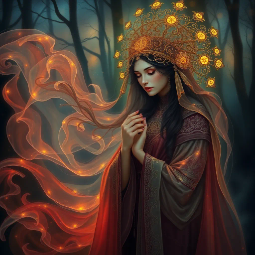 mysterious enchantress, flowing robes, Art Nouveau, ethereal glow, intricate detailing, Gustav Klimt influence, twilight setting, opalescent hues, delicate textures, allegorical elements, wistful expression, mystical forest, ambient light, swirling mists, shimmering aura, elaborate headdress, emotional depth, romantic mystique, dreamlike atmosphere, enchanting presence