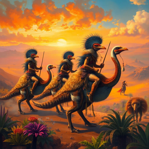 prehistoric warriors, clad in animal skins, riding dinosaur-like cassowaries, surreal oasis setting, expansive desert horizon, vivid and vibrant colors, dramatic lighting, Jean Giraud and Henri Rousseau influences, exotic flora, expressive brushstrokes, ancient mythology, dynamic and adventurous composition, whimsical and dreamlike atmosphere, cinematic panoramic view, rich and intricate textures, primal energy, mystical and mythological narrative, symbolic fauna, cultural fusion, imaginative realism, epic scale, surreal landscapes, prehistoric flora, time-travel elements, lavish detailing, untamed wilderness, mystical aura