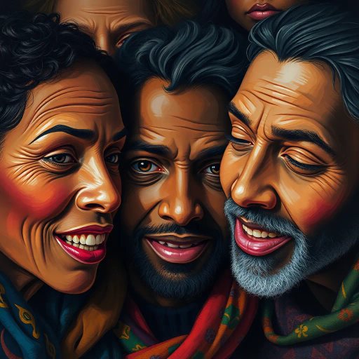 expressive faces, diverse cultures, emotion, vibrant colors, chiaroscuro, contemporary style, dynamic composition, soft textures, abstract shapes, emotional depth, lifelike expressions, impressionist influences, realistic details, storytelling elements, warm lighting, intricate patterns, multicultural expression, colorful fabrics, movement and energy, atmospheric depth, subtle gradations, human connection, spontaneity