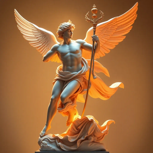 Hermes, Greek god, mythology, ancient Greece, messenger of the gods, divine speed, winged sandals, Caduceus staff, classical mythology, dynamic movement, divine radiance, golden glow, classical sculpture, Hellenistic art, mythological themes, Michelangelo-inspired, ethereal presence, swift and agile, vibrant aura, majestic elegance, symbolic wings, Olympian deity, dynamic composition, celestial influence, intricate details, historical significance, timeless myths, harmonious balance, bisected by light, cultural antiquity, renaissance inspiration, flowing drapery, allegorical storytelling, timeless beauty, immortal legacy