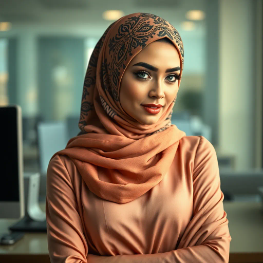elegant Arab woman, contemporary workplace, intricate hijab design, modern professional attire, Middle Eastern cultural elements, vibrant color palette, soft and ambient lighting, dynamic and expressive pose, cultural expression and fusion, delicate and textured fabrics, sophisticated fashion sense, confident and poised demeanor, diverse representation in art, empowerment and grace, balance and harmony, Impressionism and modernism fusion, human form exploration, intricate patterns, cultural narrative, refinement and elegance, dynamic composition