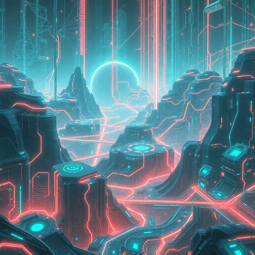 futuristic, artificial intelligence, surreal landscapes, intricate algorithms, luminescent circuits, cyberpunk aesthetics, neon lights, complex networks, sci-fi, visionary art, digital interfaces, glowing holograms, conceptual frameworks, abstract thought, dynamic patterns, technological advancement, neural connections, computer graphics, virtual worlds, high-tech environments, mechanical symbiosis, ethereal aura, contemporary vision, speculative evolution