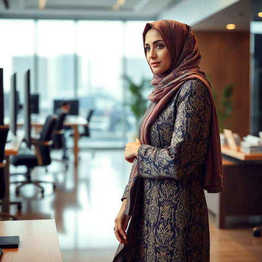 elegant Arab lady, wearing a hijab, at work, professional setting, high heels, modern office environment, intricate patterns, Middle Eastern cultural influence, dynamic composition, soft color palette, warm lighting, attention to detail, expressive posture, contemporary fashion, balance of tradition and modernity, subtle elegance, reflective mood, sophisticated atmosphere, artistic representation, symbolic strength, nuanced textures, harmonious blend of elements