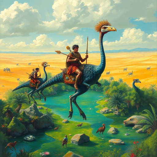prehistoric warriors, animal skins and pelts, riding dinosaur-like cassowaries, verdant and vibrant oasis, expansive desert horizon, Jean Giraud and Maurice Sendak influences, surreal and whimsical landscape, dynamic and cinematic composition, vivid color palette, dramatic lighting, intricate textures, ancient mythological narrative, dynamic movement, exotic and prehistoric flora, cultural symbolism, adventurous and dreamlike ambiance, symbolic fauna, mystical and mystical aura, storytelling and imaginative world-building, expressive brushstrokes, epic scale and adventurous spirit, surreal journey with an echo of ancient myths, convergence of eras, nomadic and mythical spirit, tranquil pools and exotic wildlife