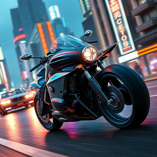futuristic motorcycle, sleek design, dynamic movement, vibrant neon lighting, retro-futurism aesthetics, Ralph McQuarrie, Akira inspiration, Blade Runner ambiance, cyberpunk cityscape, speed and energy, chrome finishes, intricate mechanical details, kinetic composition, bold contrasts, urban night setting, digital rendering techniques, motion blur, concept art, streamlined form, synthetic materials, high contrast shadows, immersive environment, luminous reflections, electric hues, cutting-edge technology, dusk ambiance, cinematic angles, futuristic metropolis, pulsating vibrancy, Ralph McQuarrie influence