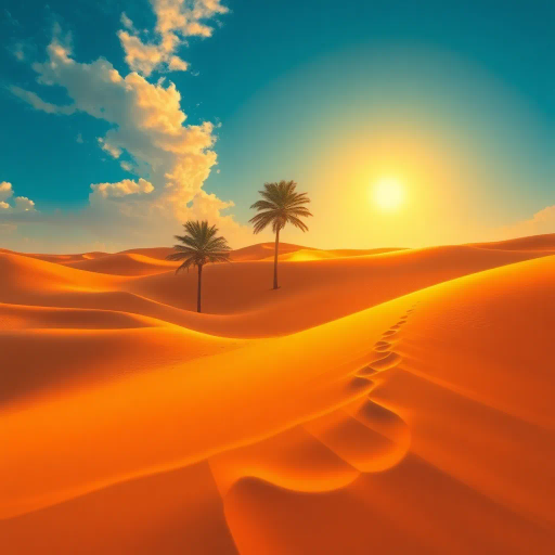 Serene, desert landscape, flowing sands, vibrant, Middle-Eastern motifs, intricate, arabesque patterns, striking color palette, azure skies, golden sands, gently swaying palms, cultural fusion, Henri Rousseau, Henri Matisse, warm lighting, dreamlike, mystical atmosphere, immersive perspective, delicate fabrics, flowing lines, vibrant details, elegance, grace, dynamic composition, tranquil ambiance, sunlit scene, artistic synthesis, exotic, bold textures, ornate, symbolism, lush, art nouveau, ethereal