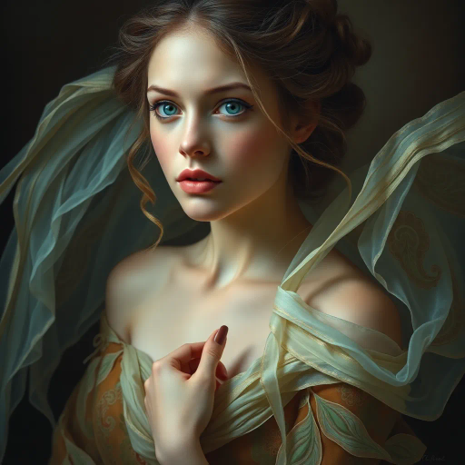 ethereal, portrait, renaissance, chiaroscuro, vibrant colors, intricate detailing, expressive eyes, flowing fabrics, soft brush strokes, whimsical atmosphere, mythical aura, dramatic lighting, inspired by Leonardo da Vinci, surrealism, gentle dynamism, timeless elegance, harmonious balance, feminine grace, rich textures, captivating presence, baroque influences, atmospheric depth, delicate lines